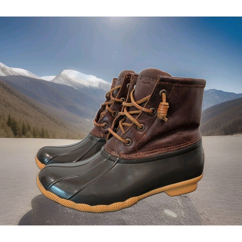 SPERRY BROWN/BLACK LEATHER/RUBBER DUCK BOOTS LACE UP LOGO WOMEN'S SIZE 6.5M GUC